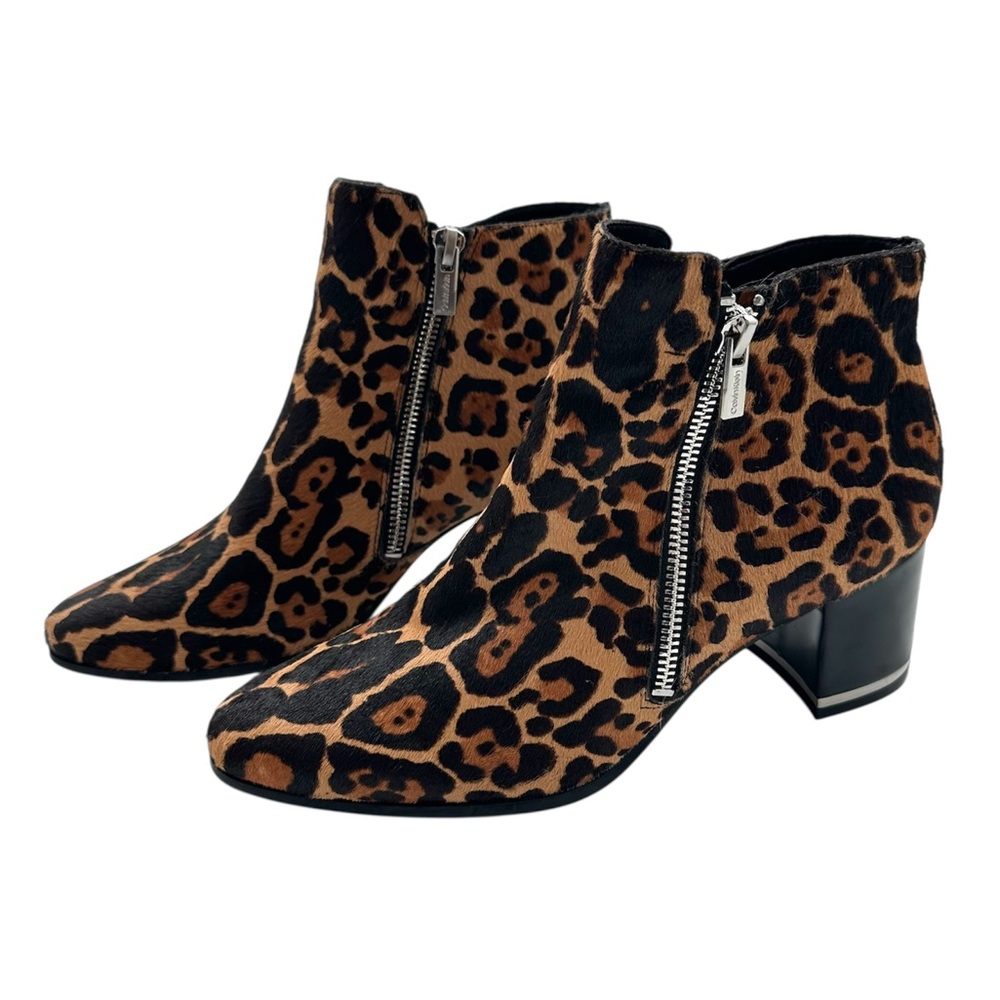 Calvin Klein Fara Block Heel Animal Print Leather Calf Hair Ankle Boots Size 7